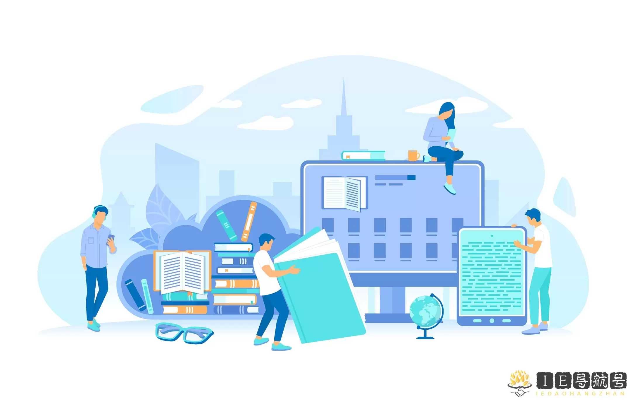 People read e-books. Online library, E-library mobile application for reading, E-learning shop. Online Distance Education process, Communication. Vector illustration flat style.