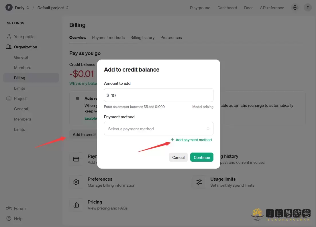 OpenAI Platform Add to credit balance